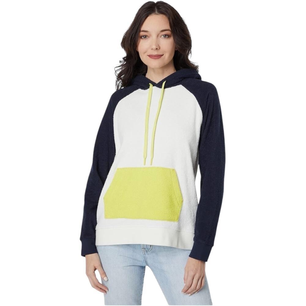 Outerknown Women's Hightide Navy Lime Green Colorblock Terry Hoodie Size Medium
